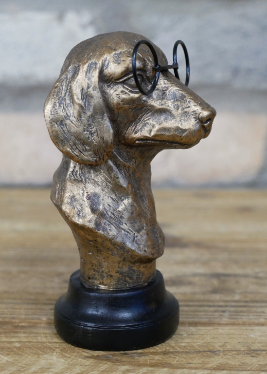 Small Dog With Glasses Bust In Antique Gold