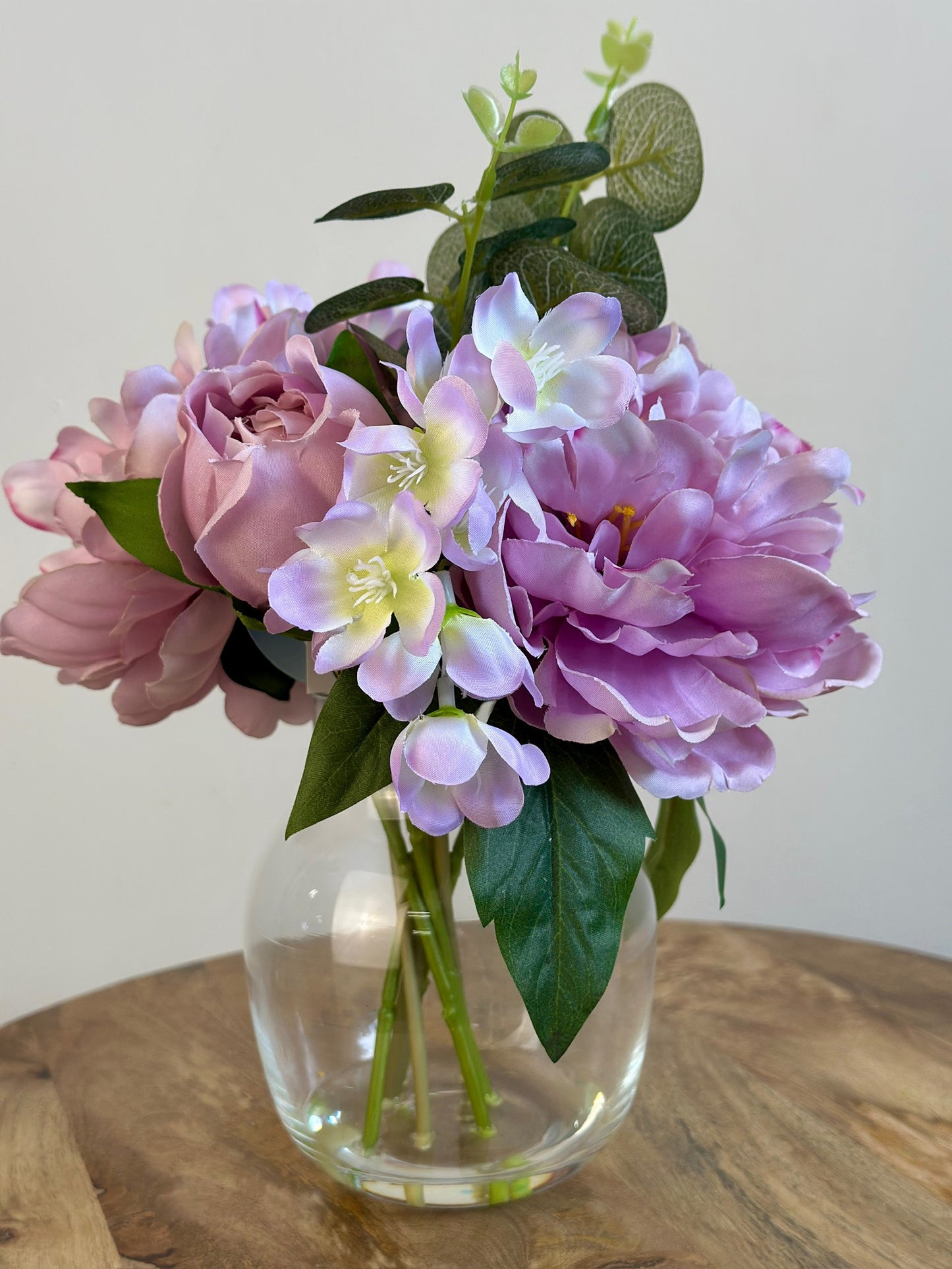 Lilac Poeny Faux Floral Clear Glass Vase 20cm x 29cm