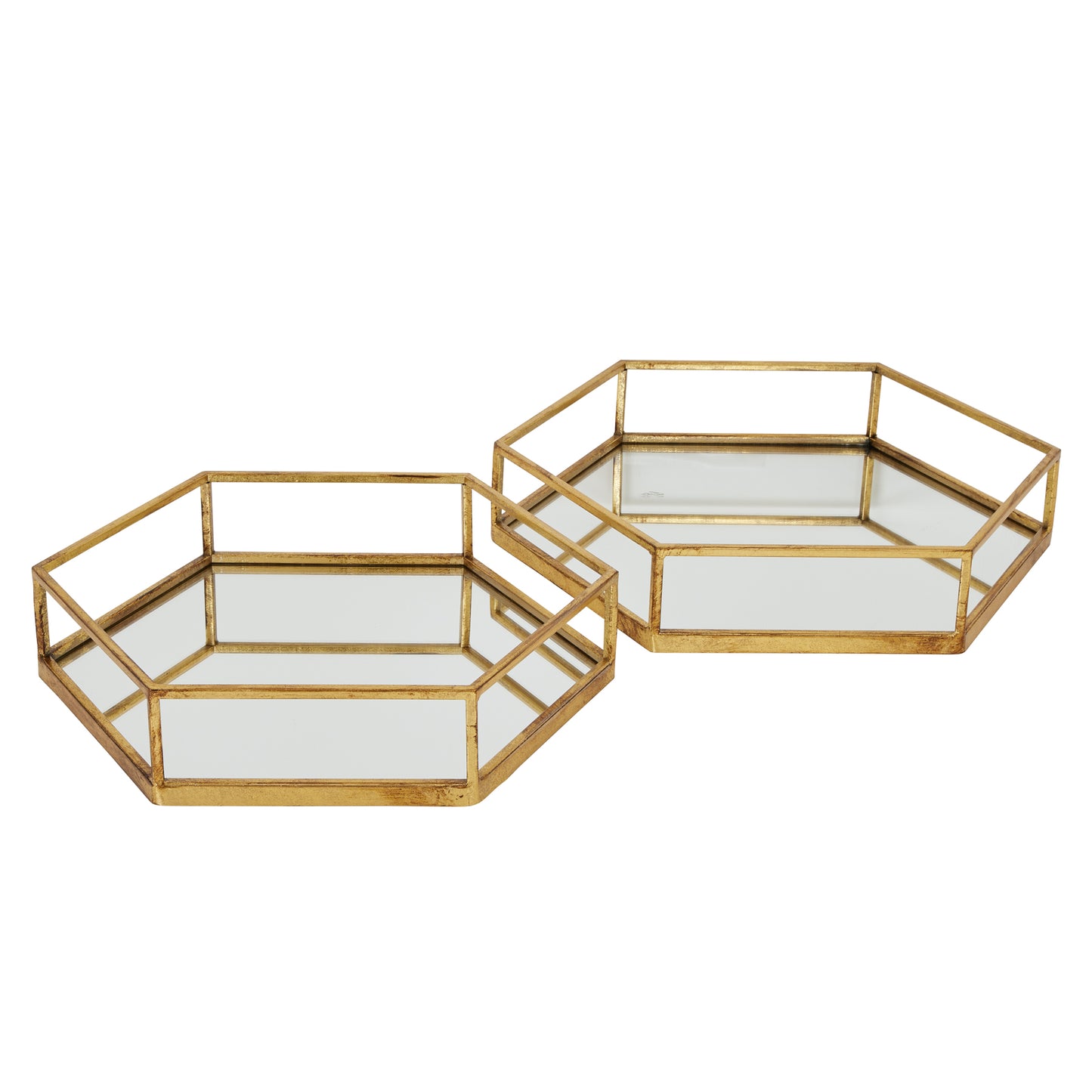 Gold Hexagon Mirrored Set Of Two Trays