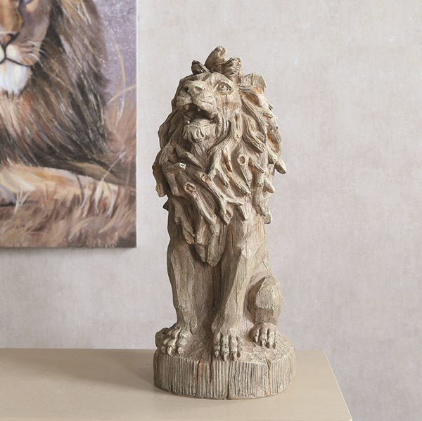 Wood Effect Sitting Lion Statue 43cm Tall