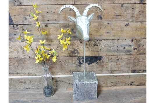 Gazelle Head on Plinth Statue - Silver Finish with Rustic Wooden Base