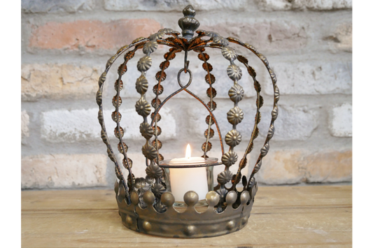 Antique Brass Effect Crown Lantern with Intricate Beaded Design and Elegant Candle Holder