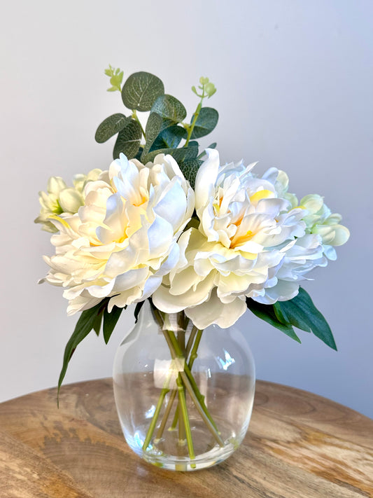 White Poeny Faux Floral Clear Glass Vase 20cm x 29cm