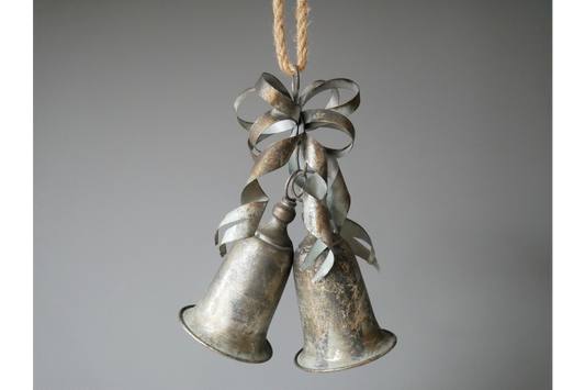 Pair of Rustic Silver Bells and Bow on a Hanging Rope