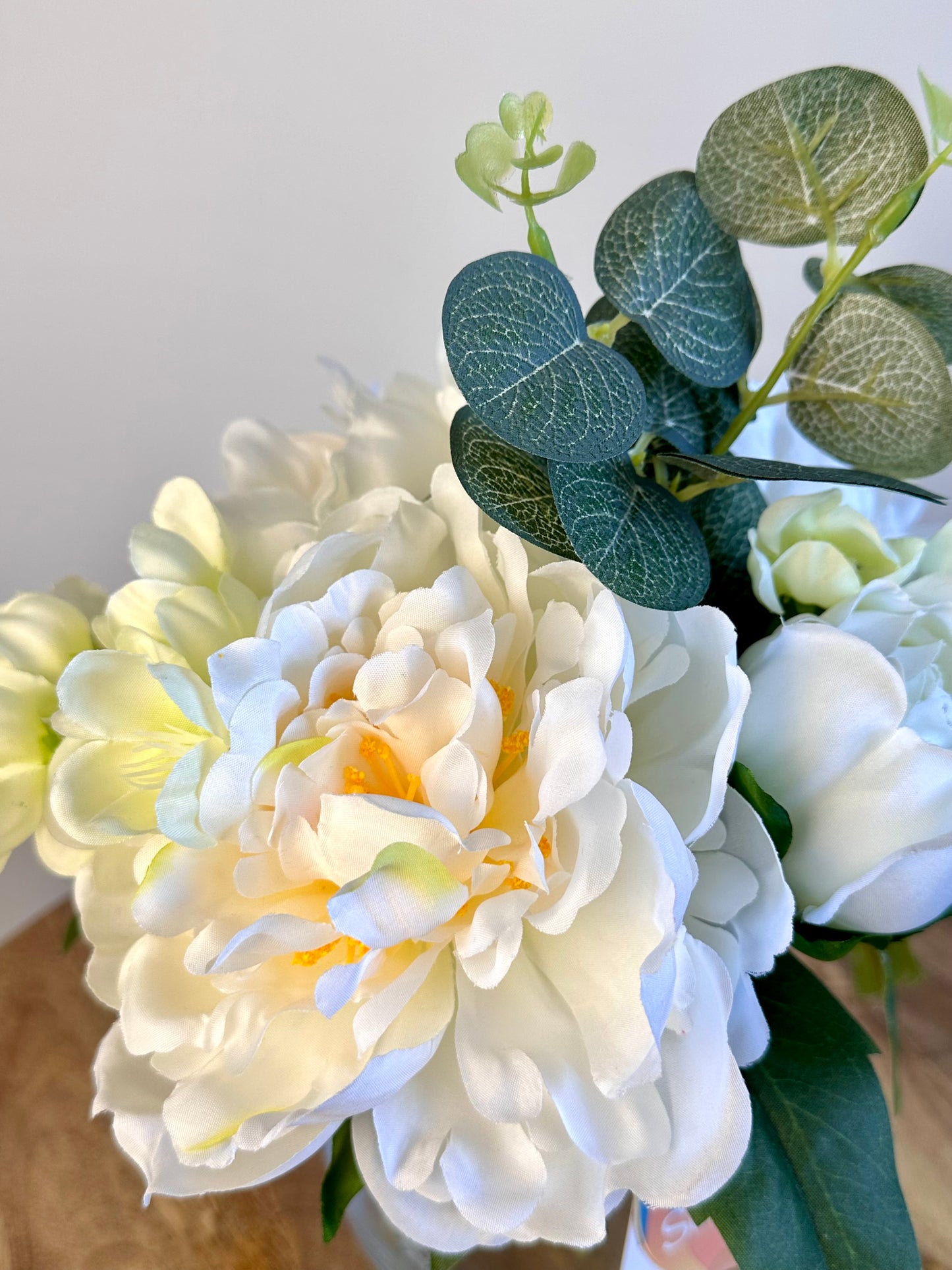 White Poeny Faux Floral Clear Glass Vase 20cm x 29cm