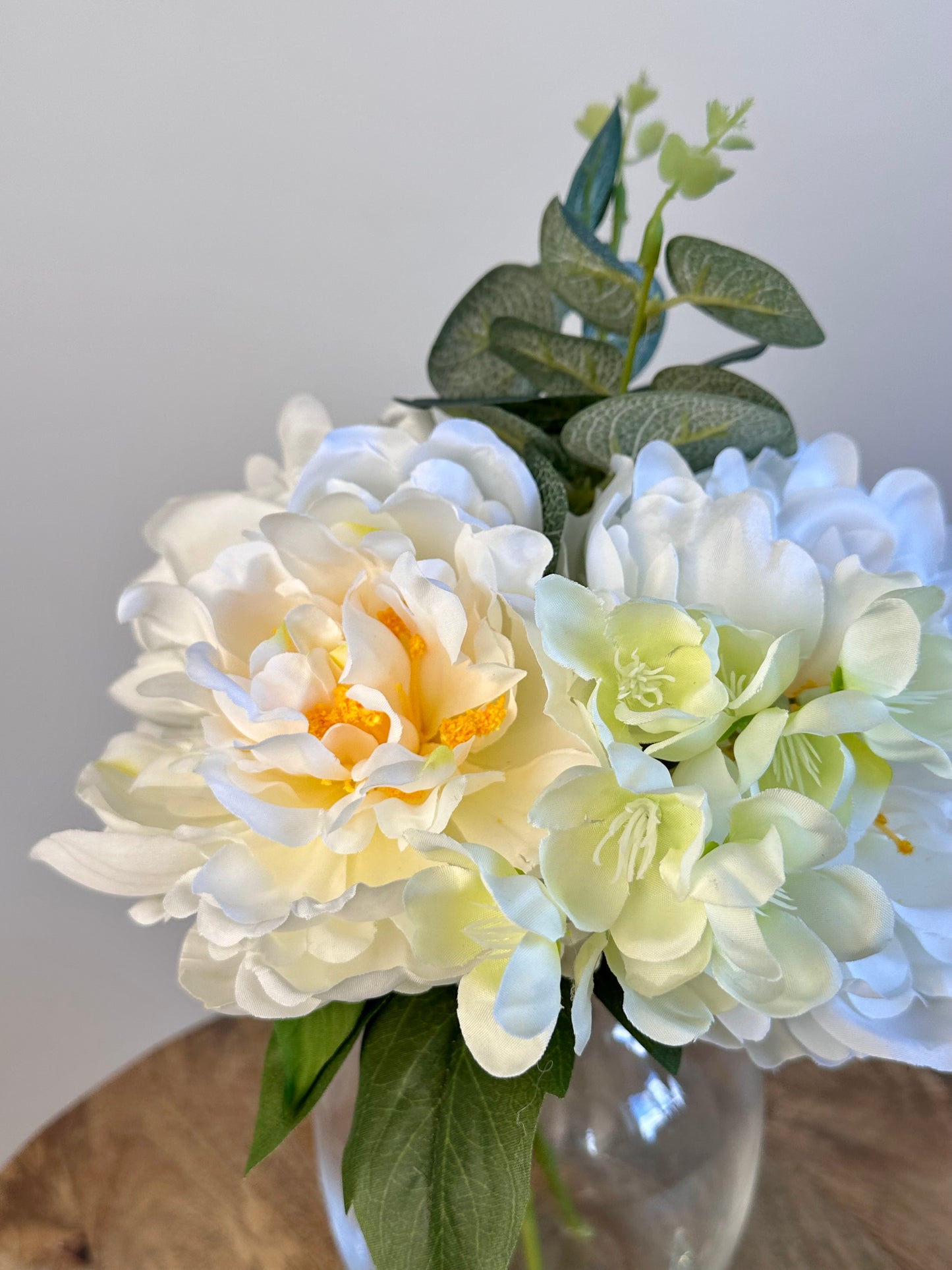 White Poeny Faux Floral Clear Glass Vase 20cm x 29cm