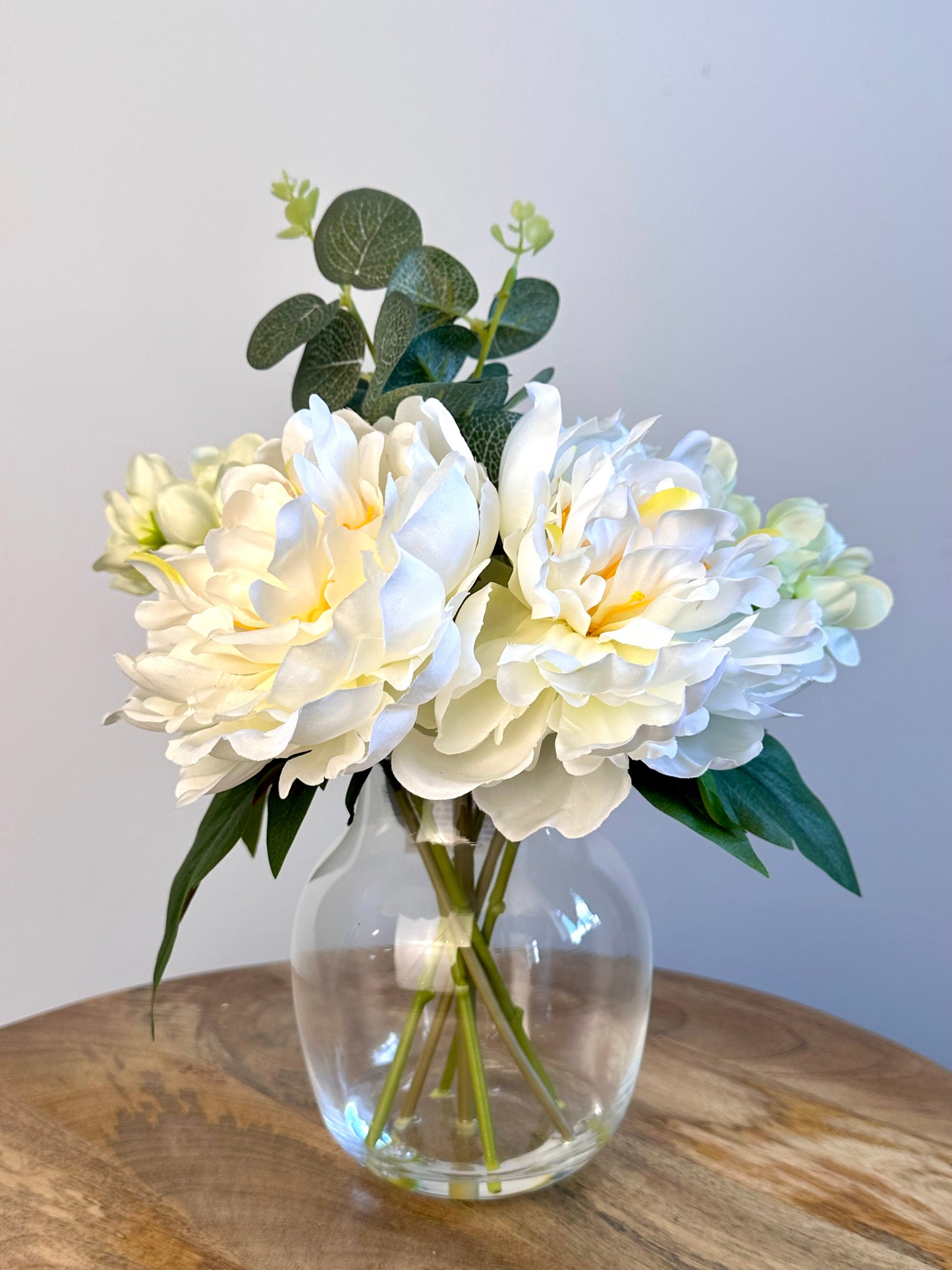 White Poeny Faux Floral Clear Glass Vase 20cm x 29cm