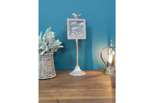Freestanding Vanity Mirror with Bird Detail in Aged Gold