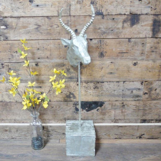 Antelope Head on Plinth Statue - Silver Finish with Rustic Wooden Base