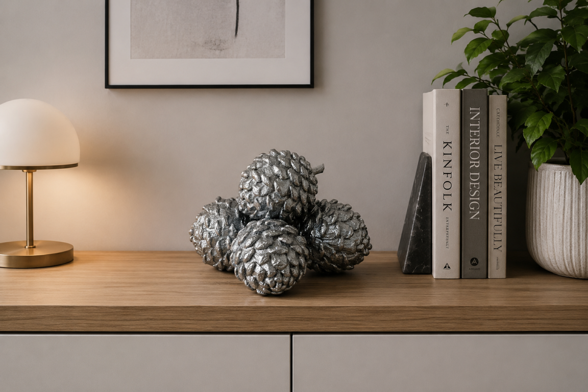 Set Of 4 Ornamental Silver Pinecones