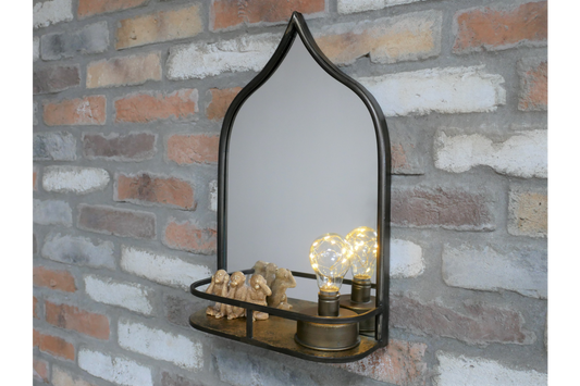 Ornate Arched Aged Black and Gold Metal Wall Mirror
