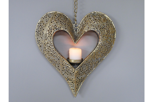 Gold Heart Candle Holder on a Hanging Chain
