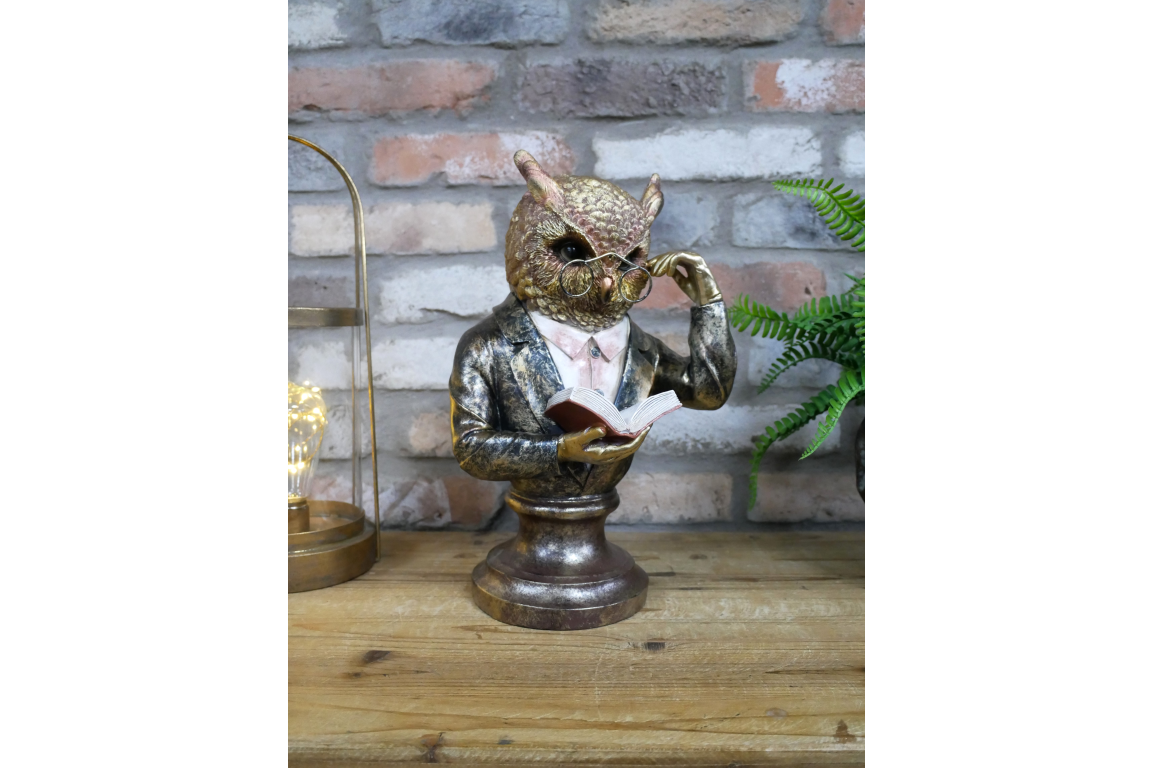 Wise Owl Reading Bust Home Décor Statue in Elegant Suit
