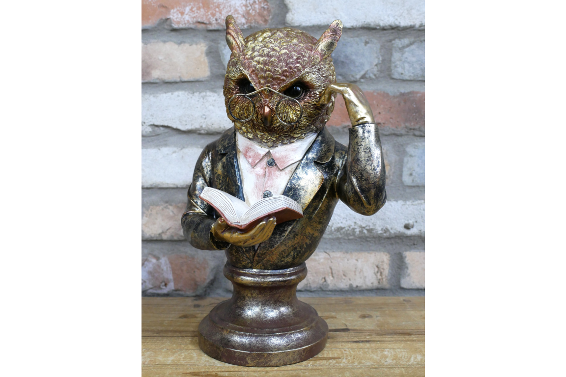 Wise Owl Reading Bust Home Décor Statue in Elegant Suit