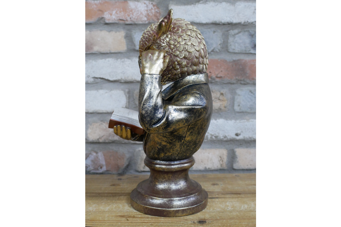 Wise Owl Reading Bust Home Décor Statue in Elegant Suit