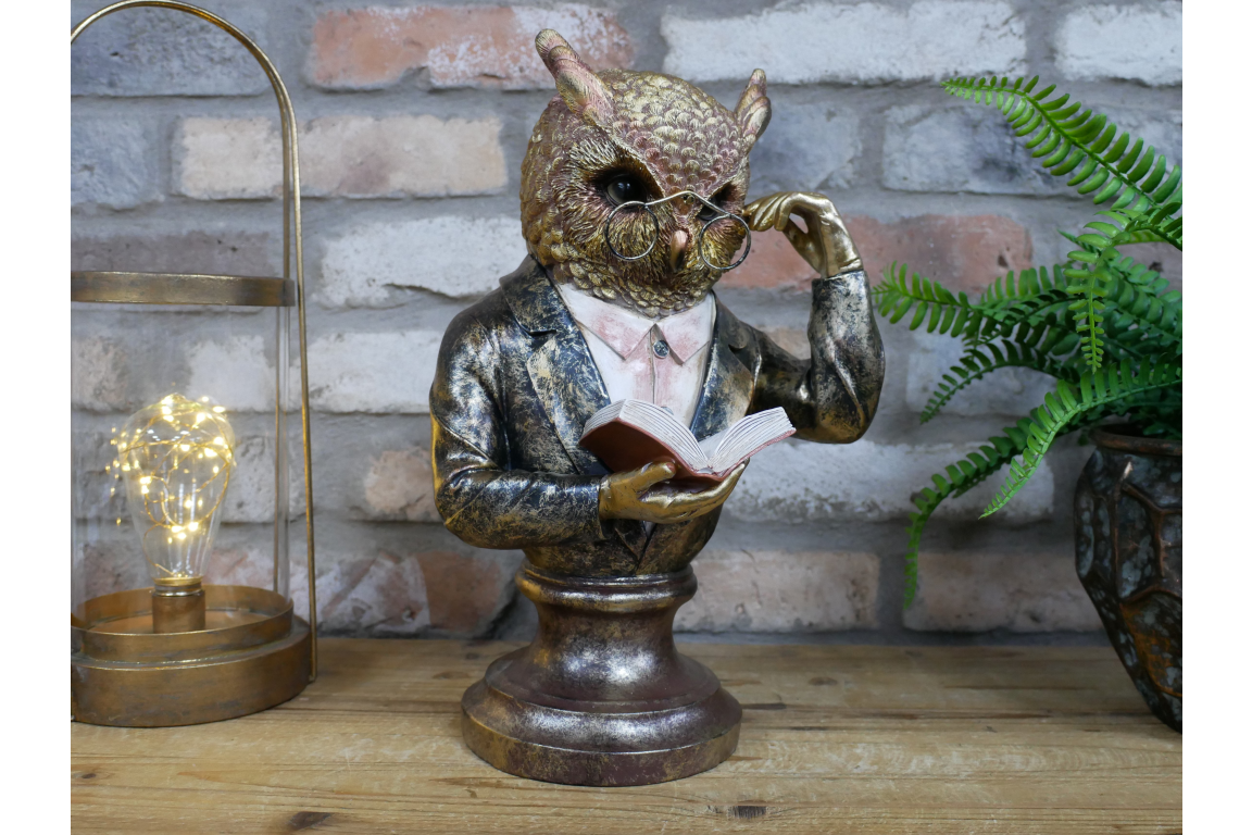 Wise Owl Reading Bust Home Décor Statue in Elegant Suit