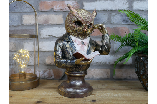 Wise Owl Reading Bust Home Décor Statue in Elegant Suit