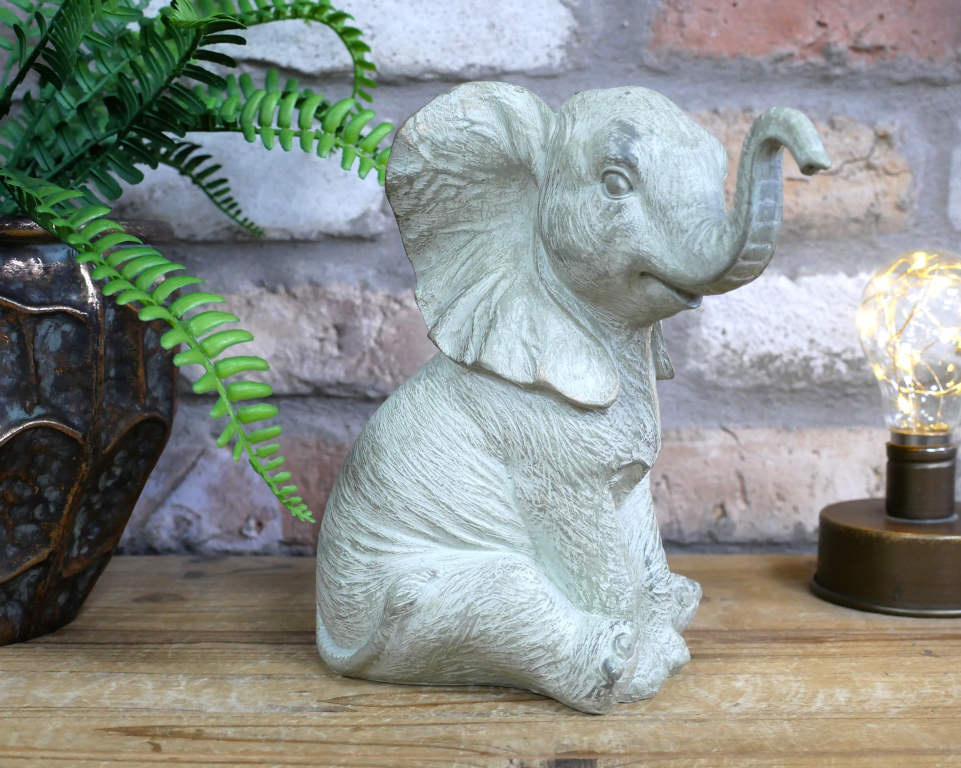 Elephant With Raised Trunk Statue Pale Grey
