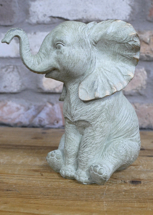Elephant With Raised Trunk Statue Pale Grey