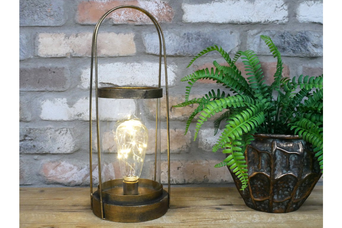 Tall Modern Rustic Industrial Table Lamp in Aged Gold Battery Operated