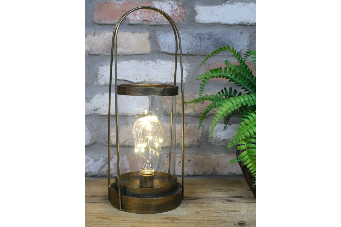 Tall Modern Rustic Industrial Table Lamp in Aged Gold Battery Operated