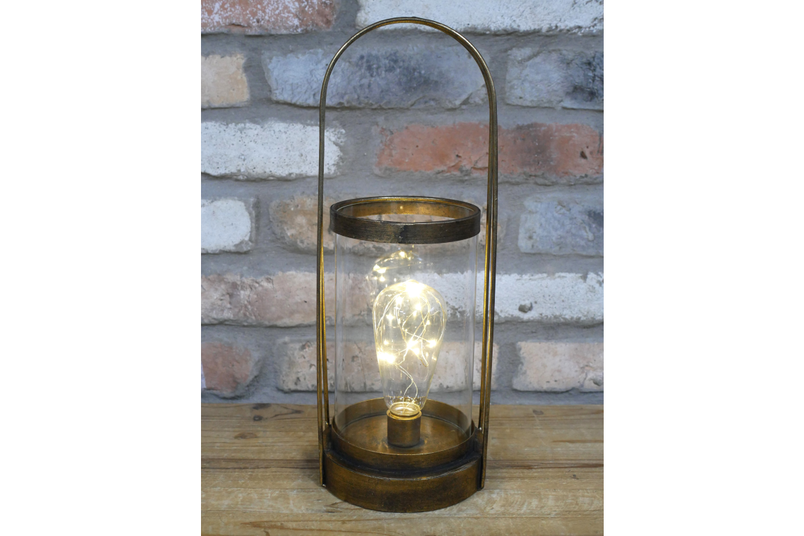 Tall Modern Rustic Industrial Table Lamp in Aged Gold Battery Operated