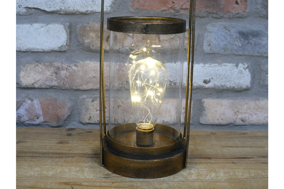 Tall Modern Rustic Industrial Table Lamp in Aged Gold Battery Operated