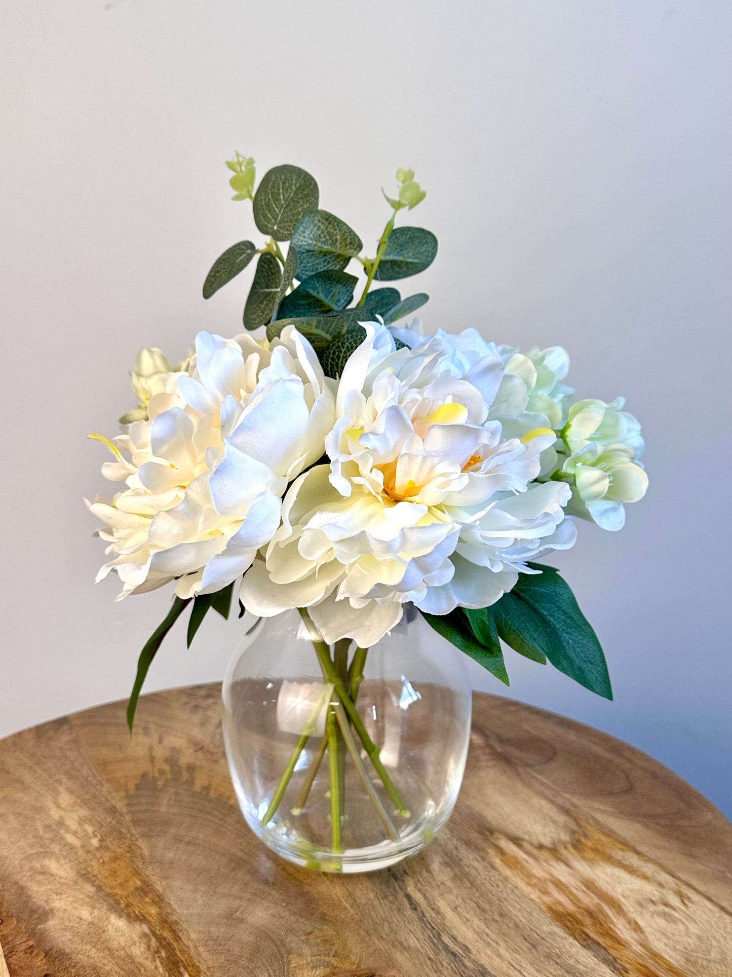 White Poeny Faux Floral Clear Glass Vase 20cm x 29cm