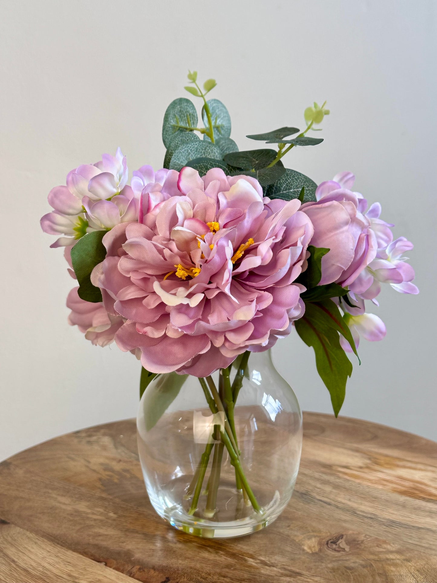 Lilac Poeny Faux Floral Clear Glass Vase 20cm x 29cm