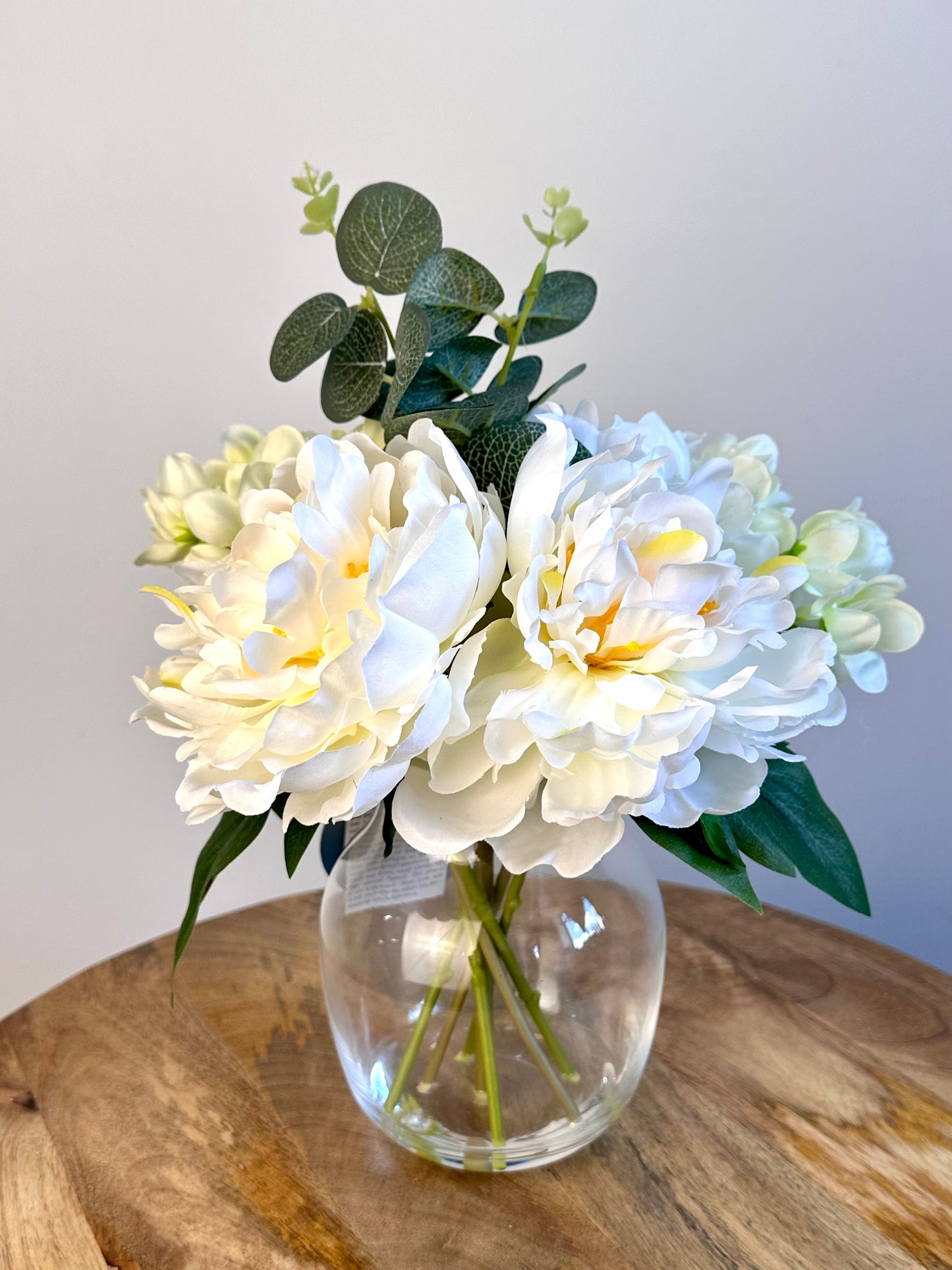 White Poeny Faux Floral Clear Glass Vase 20cm x 29cm