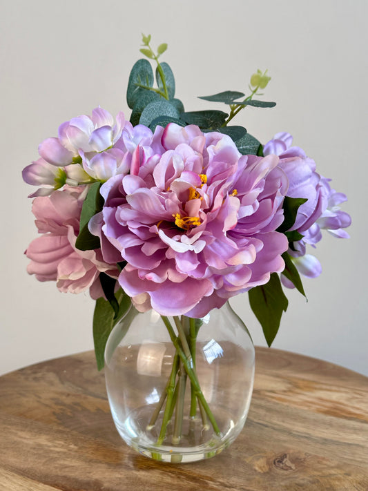 Lilac Poeny Faux Floral Clear Glass Vase 20cm x 29cm
