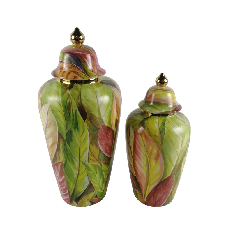 30.8cm Green and Pink Leaves Ginger Jar